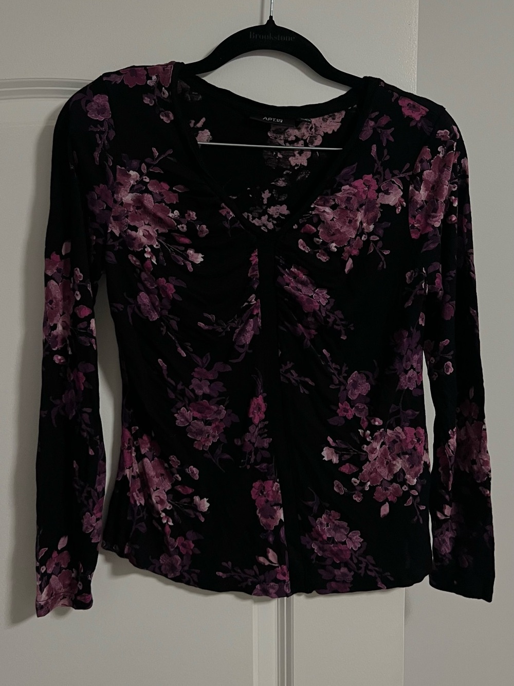 RAFAEL Black Long Sleeve V-Neck Top with Pink Floral Print